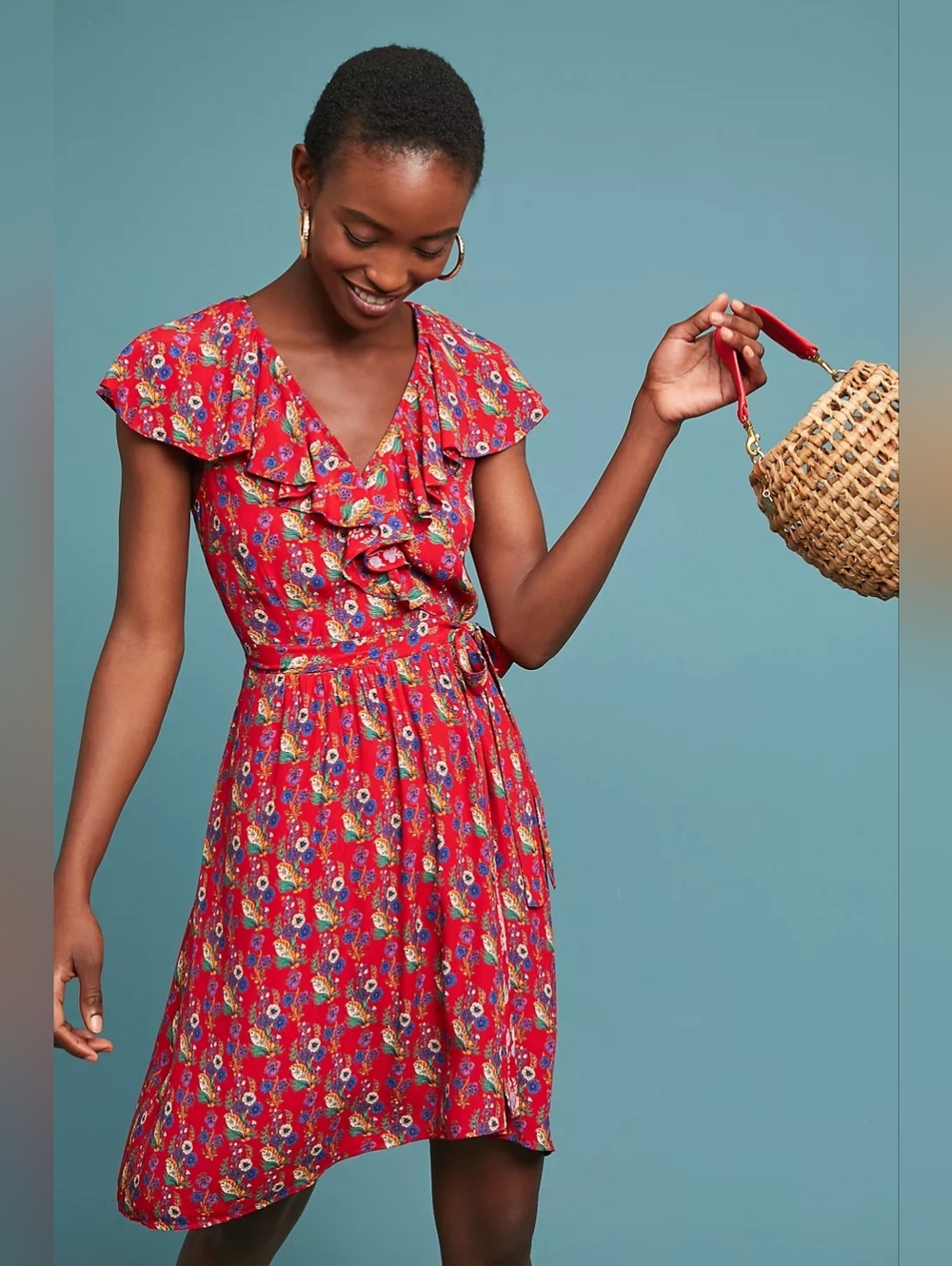 NWT Anthropologie Maeve Rosalia Red Floral Faux Wrap Dress Size 2 Boho Romantic